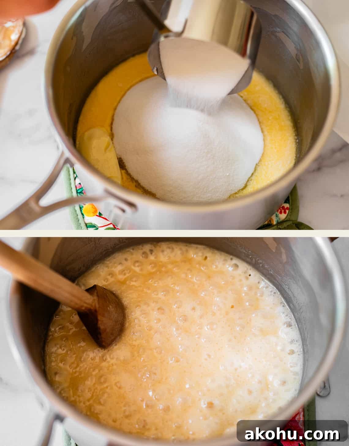 Two images: The top shows sugar being poured into melted butter in a saucepan. The bottom shows the mixture bubbling in the saucepan as it is stirred with a wooden spoon.