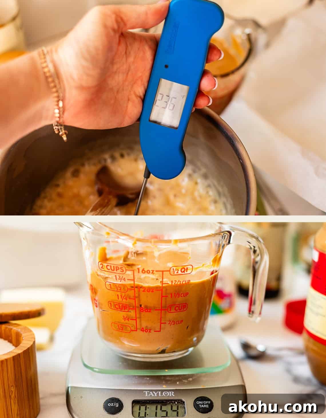 A hand holds a blue thermometer in a pot of bubbling caramel, showing 236°F. Below, a glass measuring cup with peanut butter sits on a digital kitchen scale reading 15.4 ounces.