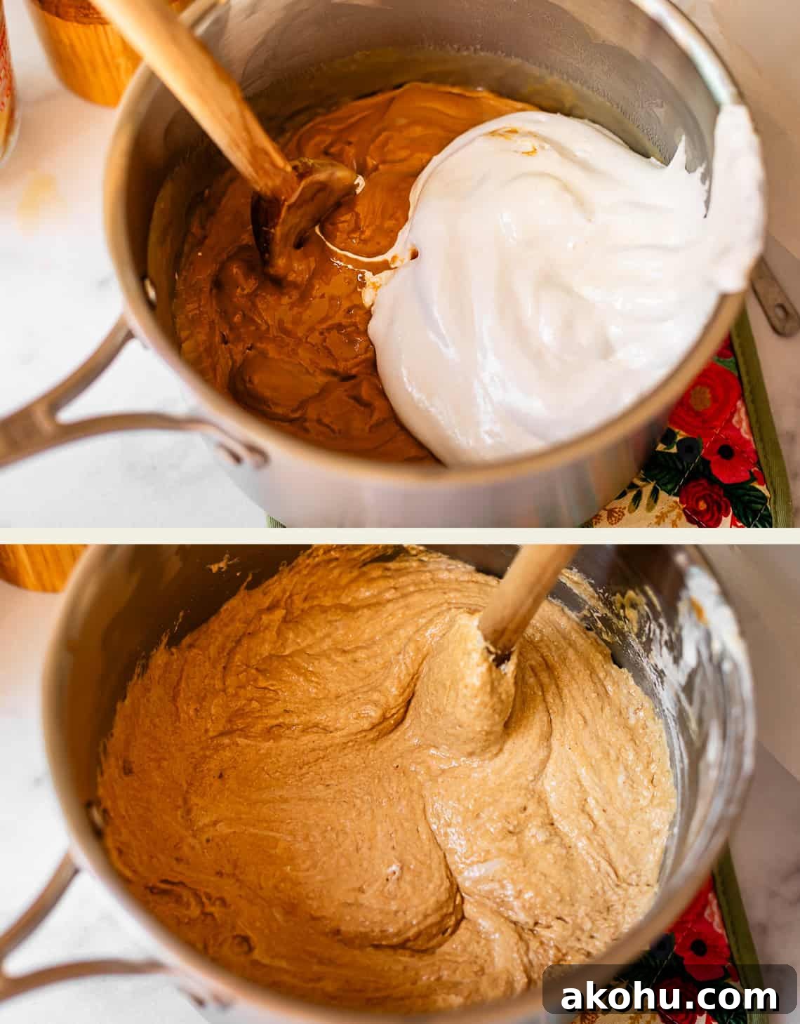 Two images show a pot. In the top image, a wooden spoon mixes peanut butter with marshmallow fluff. In the bottom image, the ingredients are fully combined into a smooth, light brown fudge.