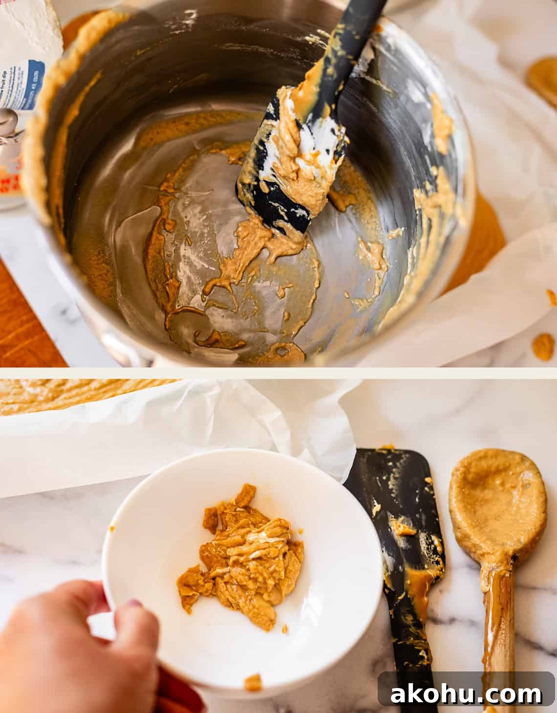 A spatula with peanut butter fudge rests in a mostly empty metal pot. Below, a hand holds a bowl with peanut butter fudge; nearby are a spatula and a wooden spoon coated with peanut butter fudge on a marble surface.