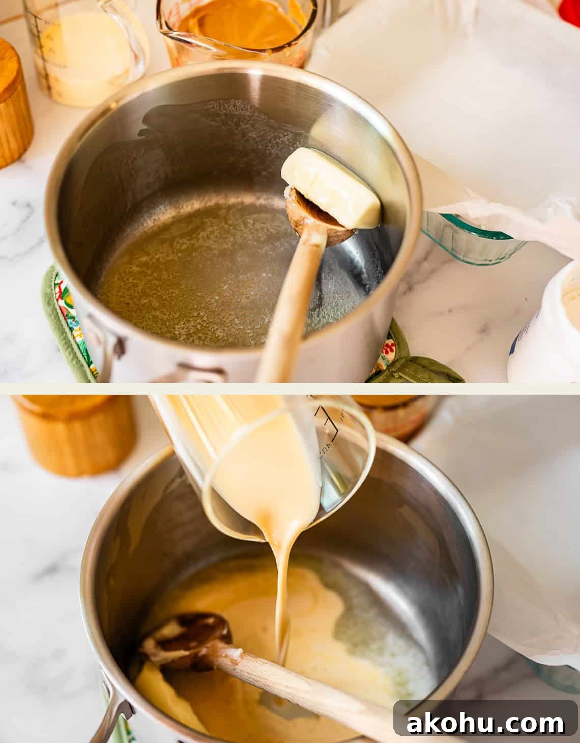 Two images: Top shows a saucepan with melted butter being stirred with a spatula. Bottom shows evaporated milk being poured from a measuring cup into the saucepan.