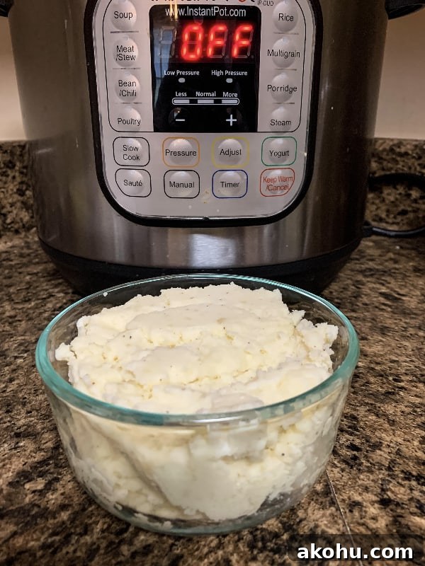 Reheat Mashed Potatoes in an Instant Pot: Quick, Moist Results 5 Glass bowl of mashed potatoes in front of an Instant Pot pressure cooker