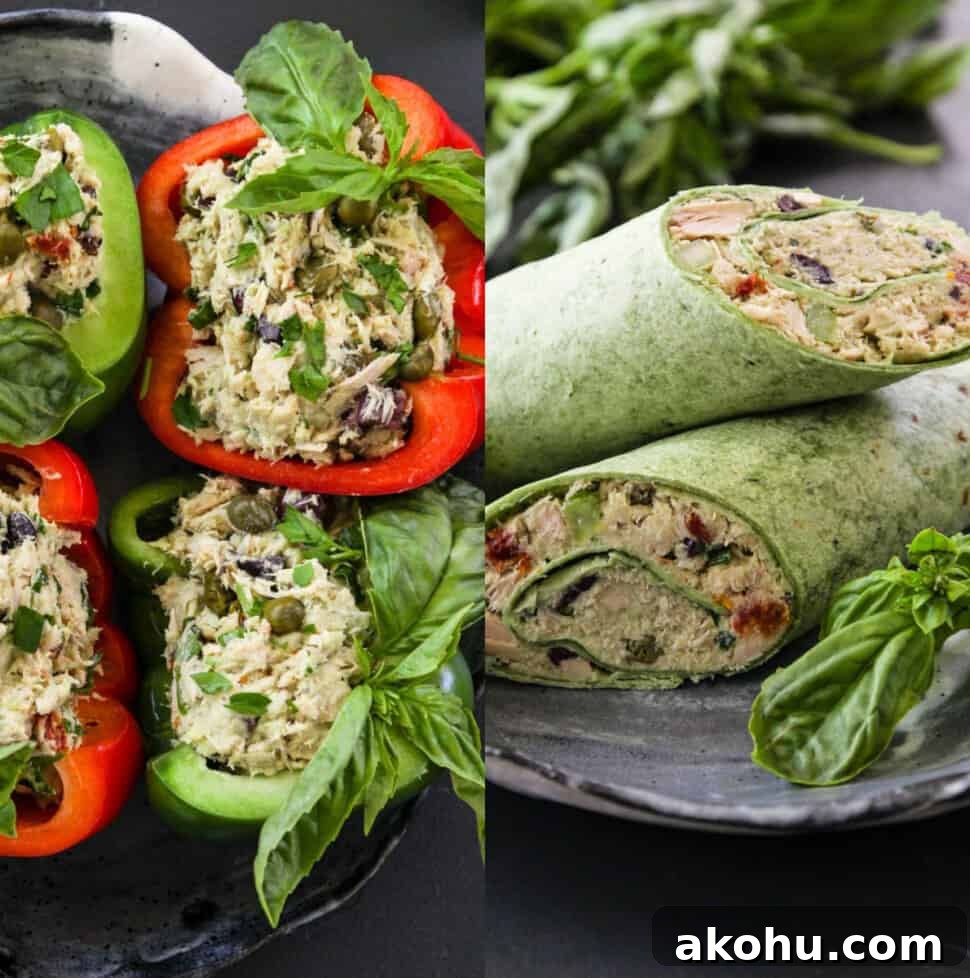 Bell pepper halves and green tortilla wraps filled with Greek Yogurt Tuna Salad.
