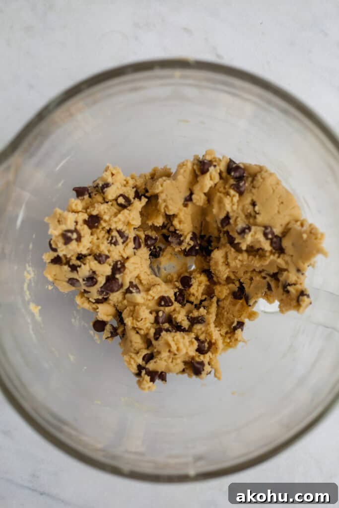 chocolate chip cookie dough in a glass bowl