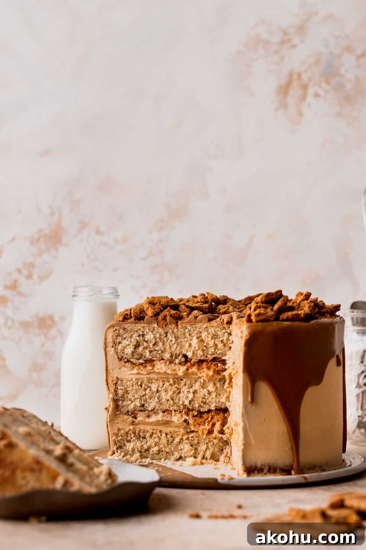 Cut open Biscoff layered cake.