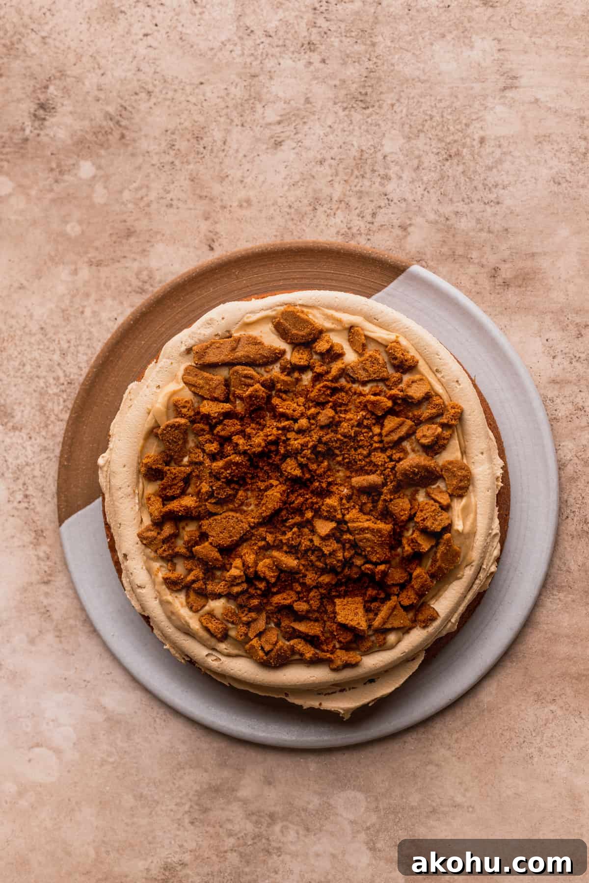 Cookie crumbs on the cake.