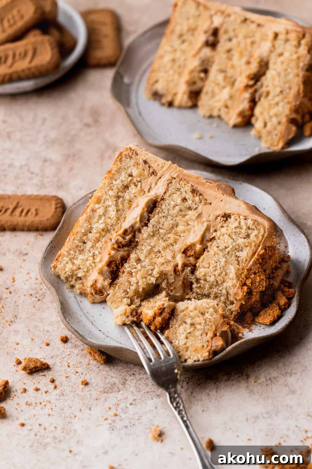 Biscoff layered cake on a plate.