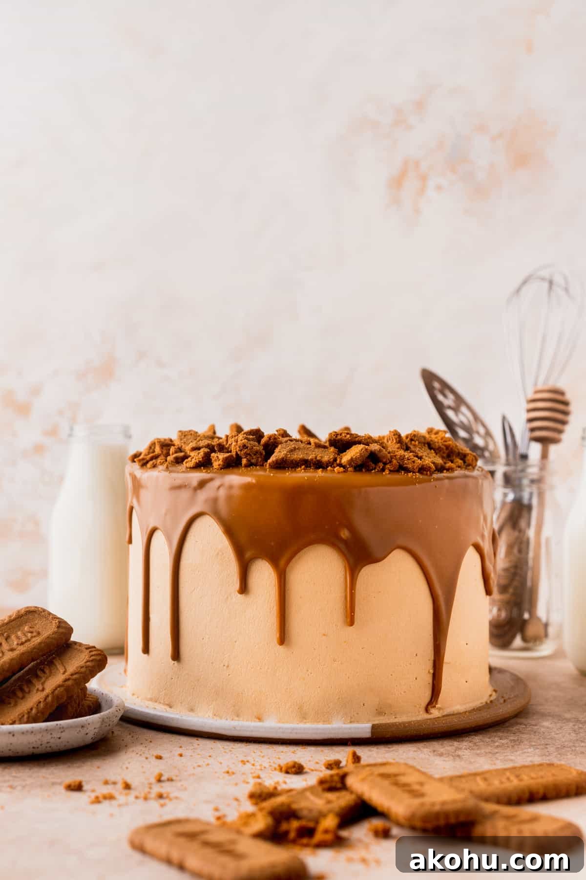 Biscoff layered cake on a platter.