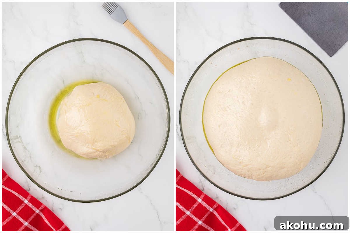 dough ball in oiled bowl before and after rising.