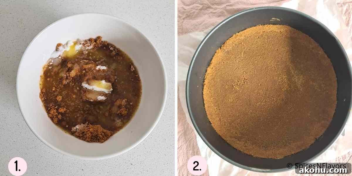 collage of steps showing cheesecake base made using biscoff biscuits