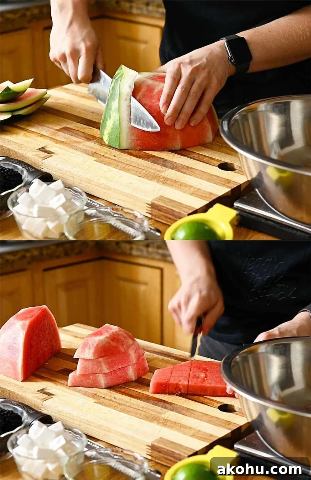 Image collage of prepping watermelon and cubing it for salad