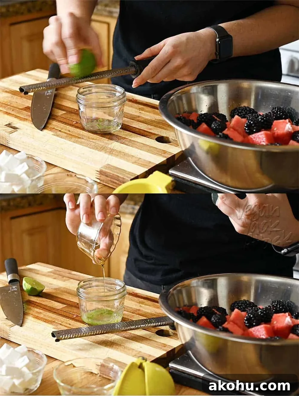 Image collage of zesting lime and adding agave nectar to vinaigrette
