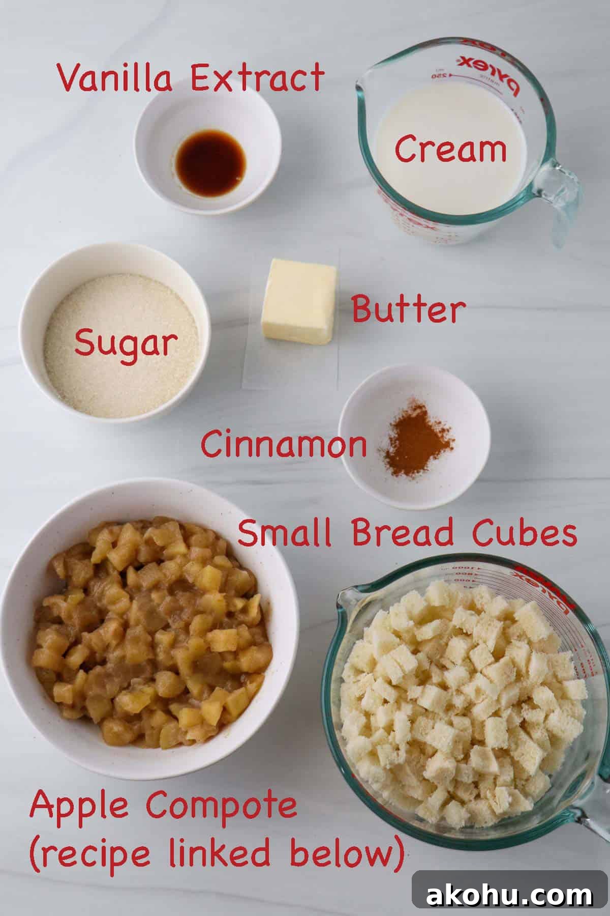 Labeled ingredients for Danish Apple Trifle.