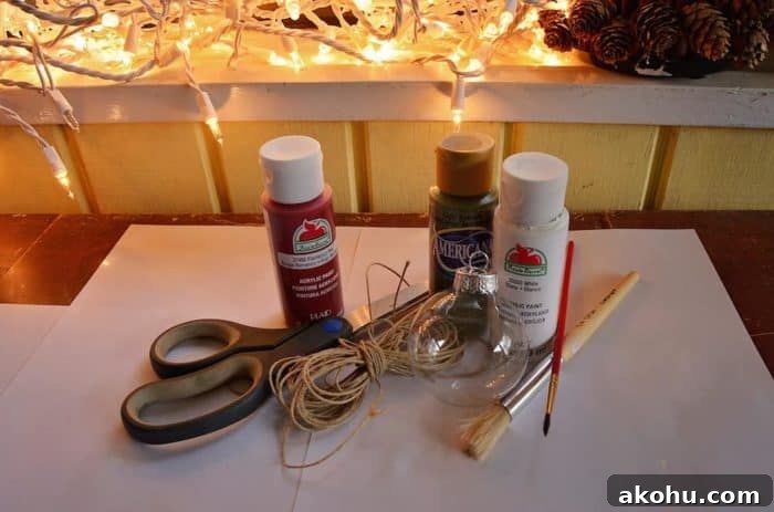 Image shows supplies needed for the ornament, paint, twine, brushes and scissors