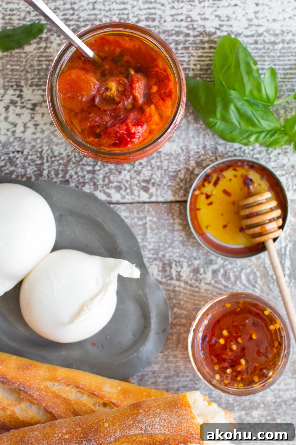 assemble the Tomato Confit & Burrata Crostini