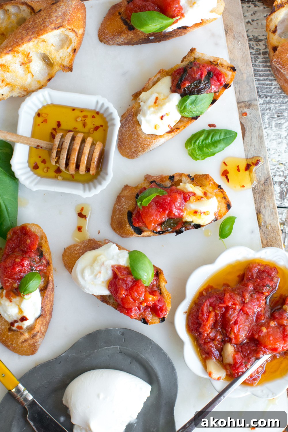 Tomato Confit & Burrata Crostini assembly