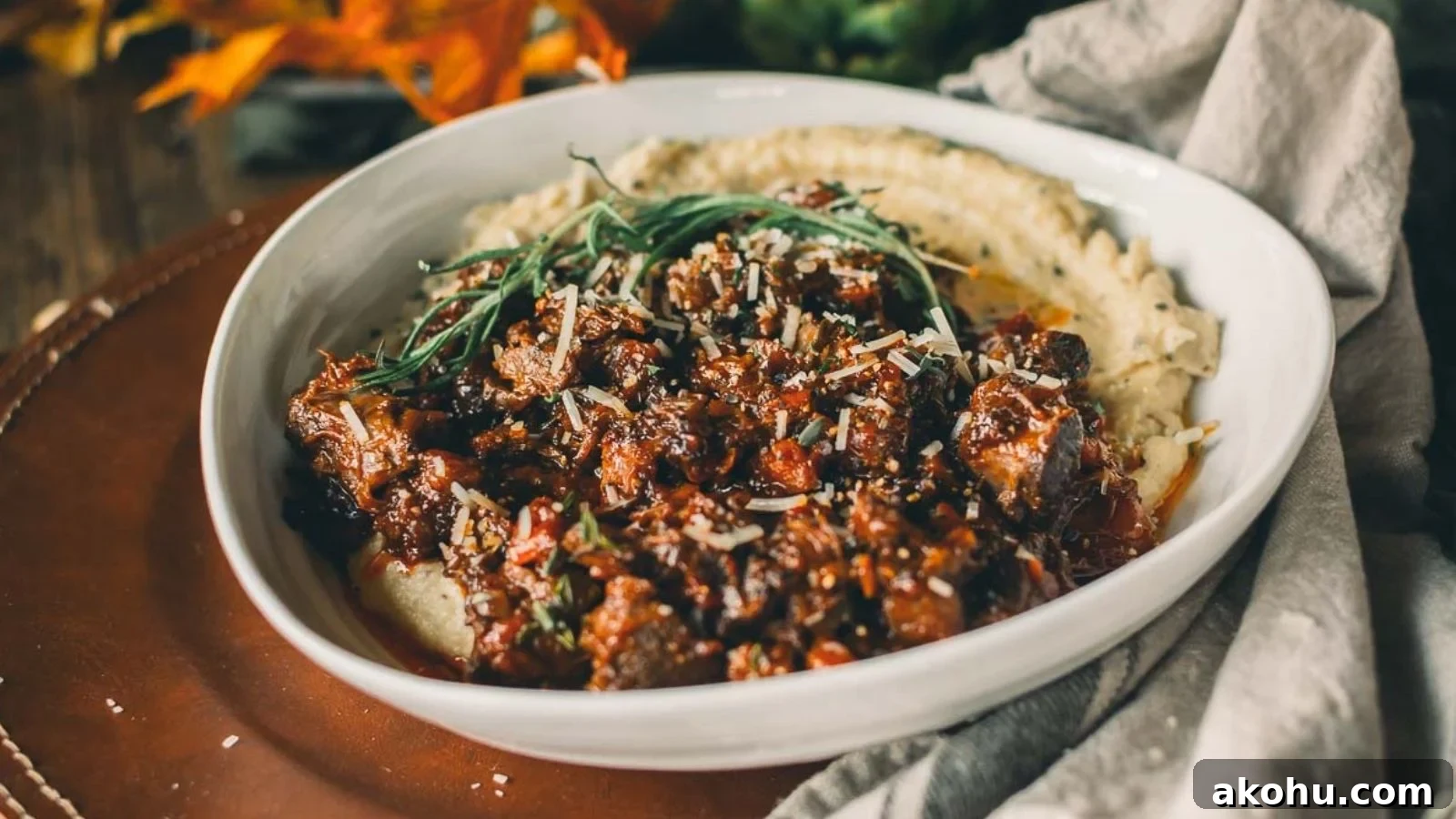 Slow cooked beef shanks simmered until the meat slips off the bone.
