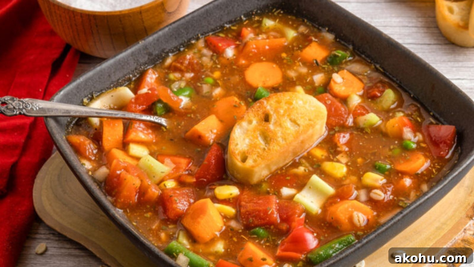 Vegetable barley soup slow cooked until hearty and warming.