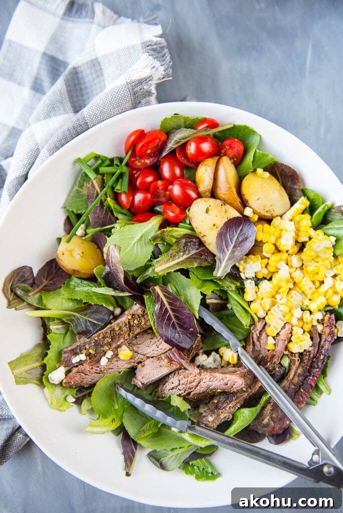 Slow-Cooked Steak Salad with Warm Vegetables and Tangy Dressing 3 Slow Cooker Hearty Steak Salad is a simple and fresh meal that makes it easy to eat healthy even on busy summer nights!
