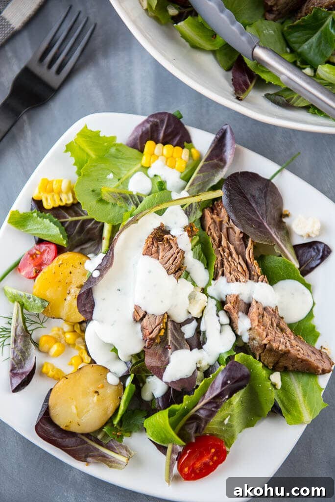Slow-Cooked Steak Salad with Warm Vegetables and Tangy Dressing 6 Slow Cooker Hearty Steak Salad is a simple and fresh meal that makes it easy to eat healthy even on busy summer nights!