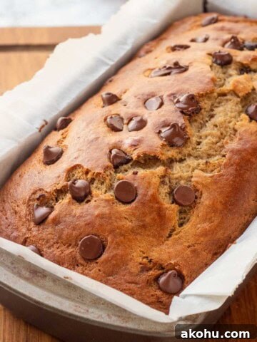 Baked sourdough banana bread in metal pan with chocolate chips on top.