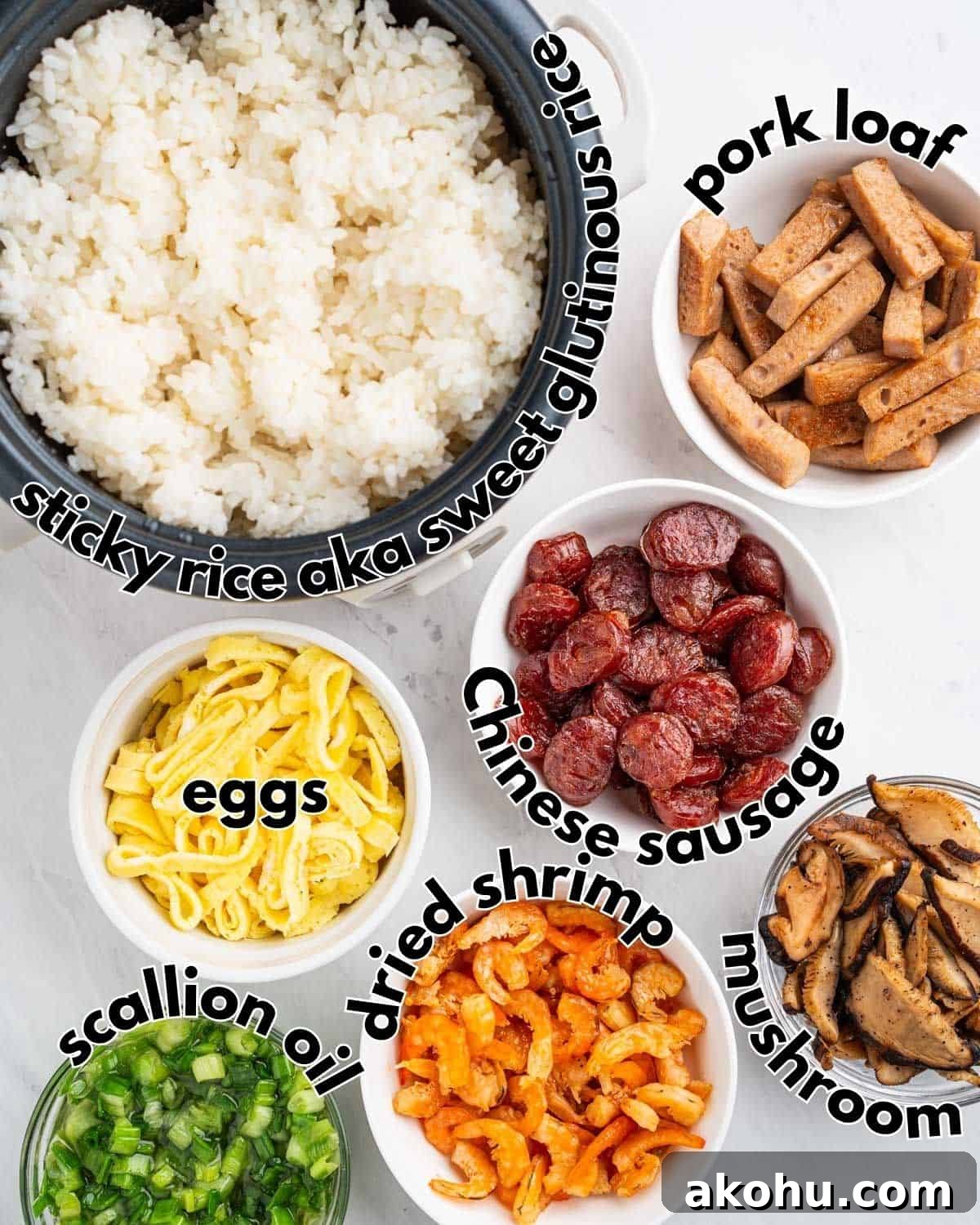 vietnamese sticky rice xoi man ingredients labeled.
