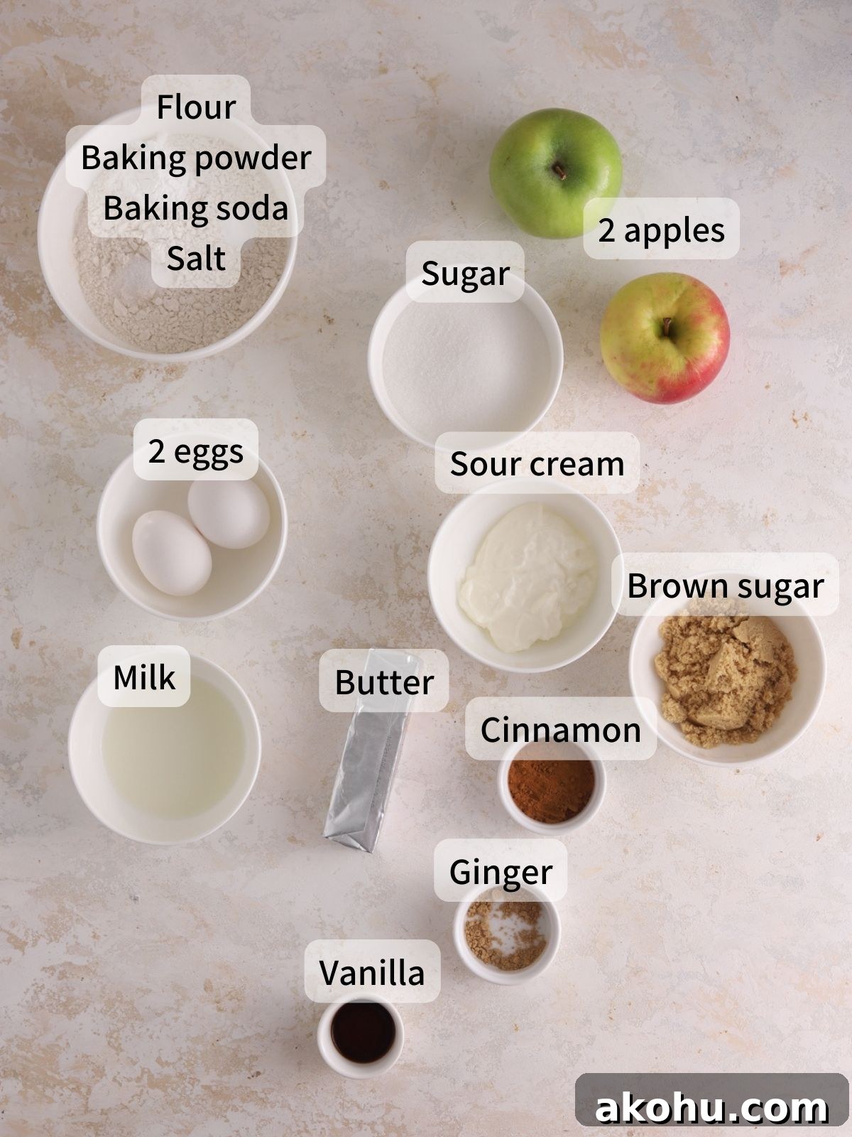 Labeled ingredients laid out on a table