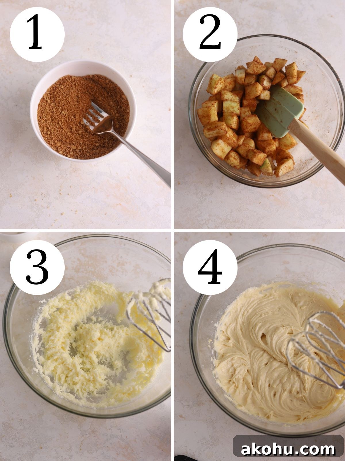 Step-by-step photo collage showing how to make apple fritter bread