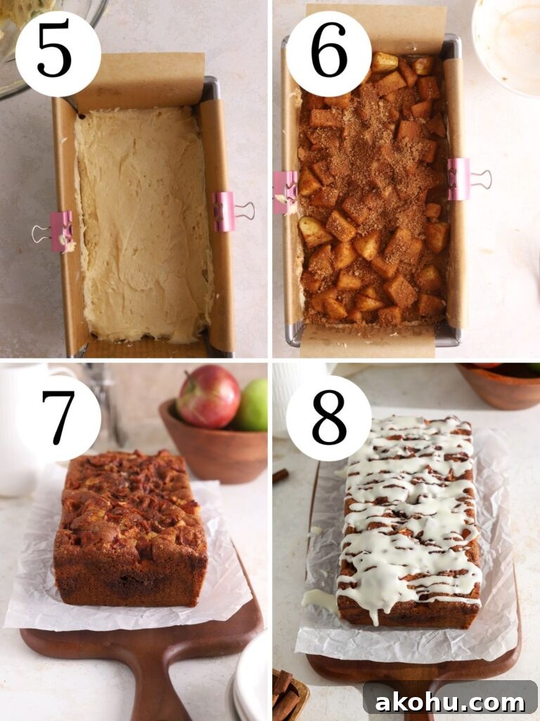 Photos showing the layering and baking of the apple fritter bread