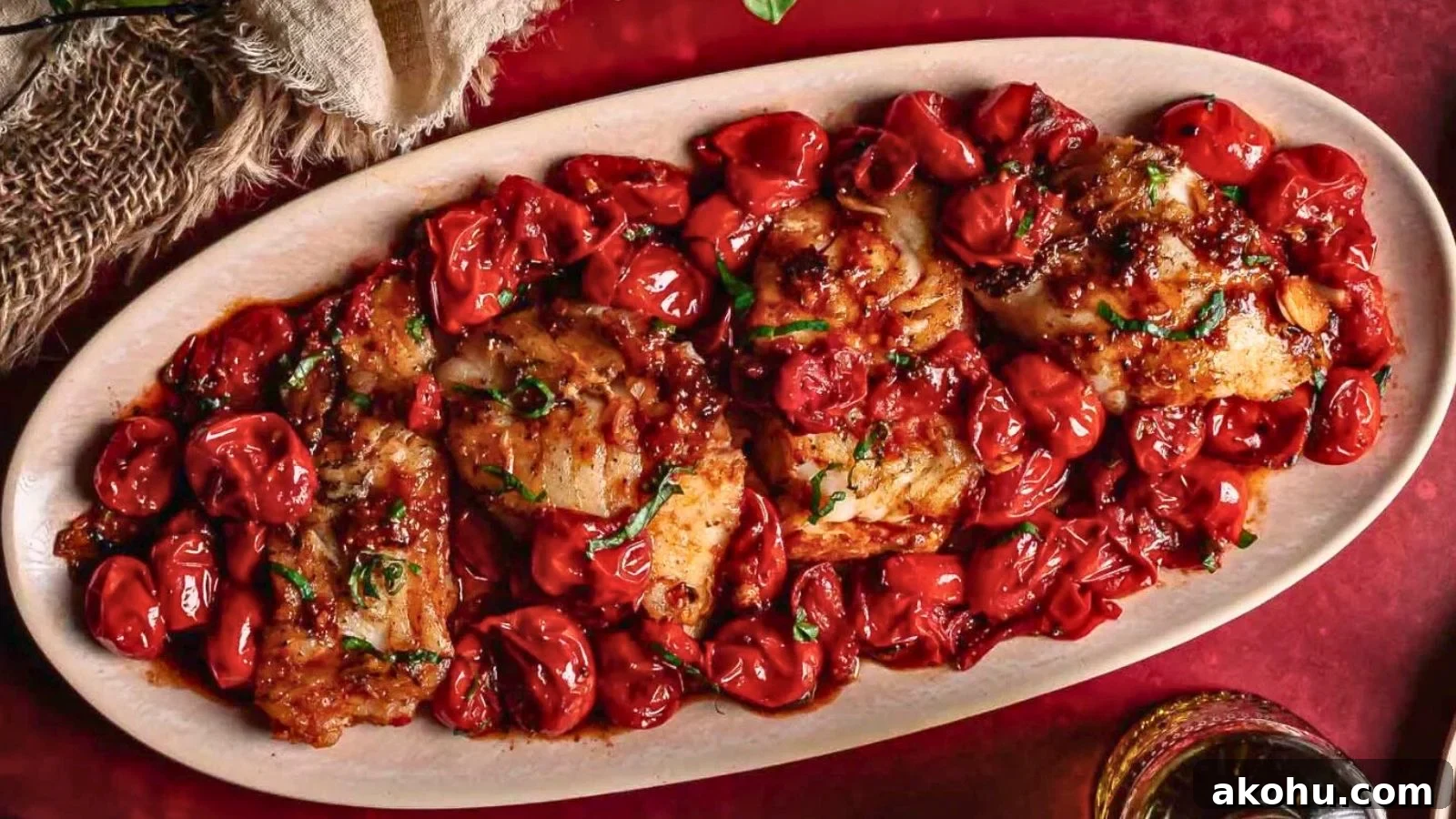 Pan-seared cod fillet topped with blistered cherry tomatoes and herbs on a clean white plate.