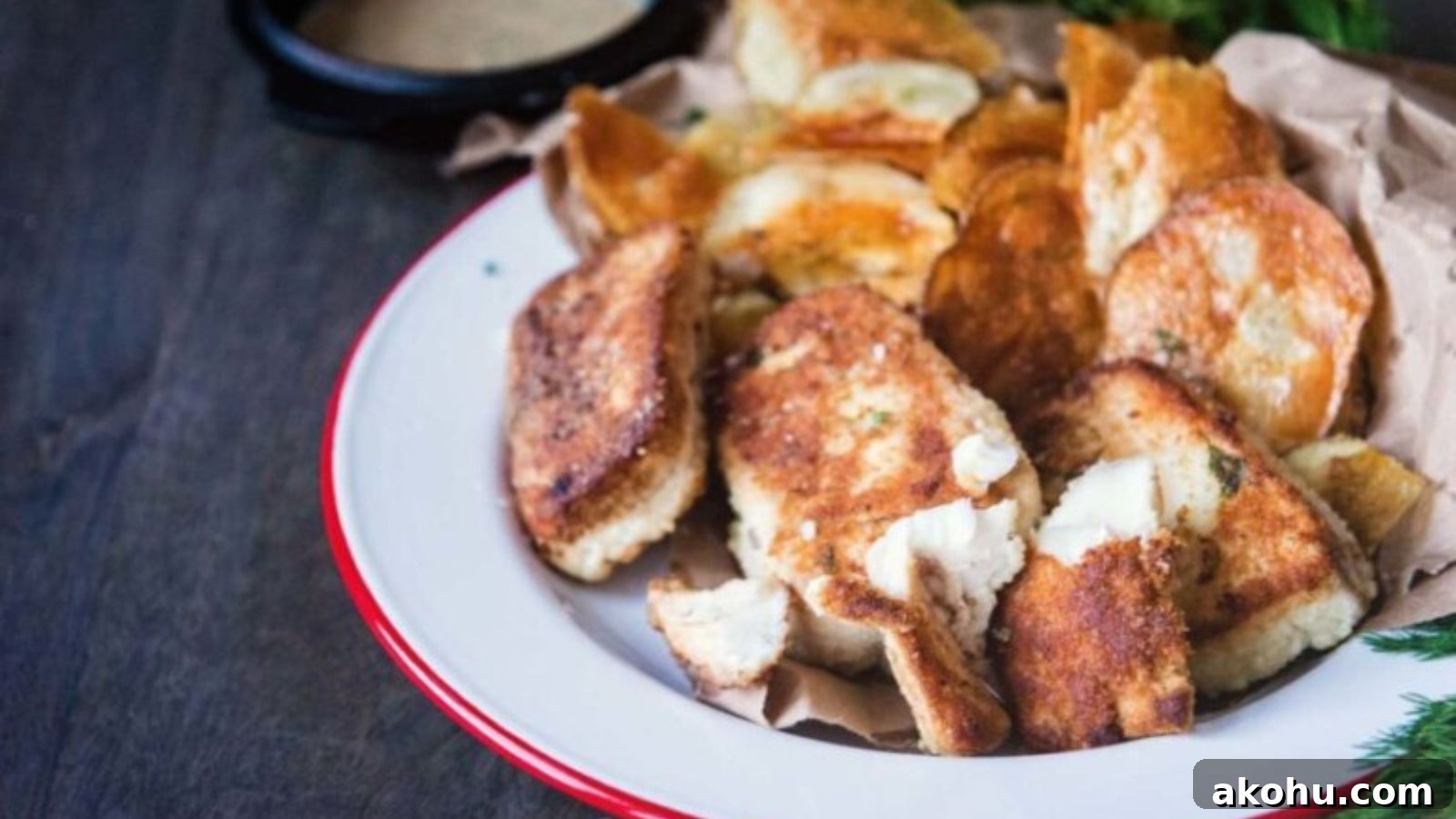 Fish fillets crusted with dill and potato fried to crisp golden texture beside thick-cut chips.
