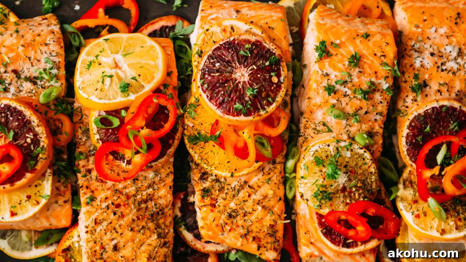 Baked citrus salmon roasted with lemon slices and herbs.