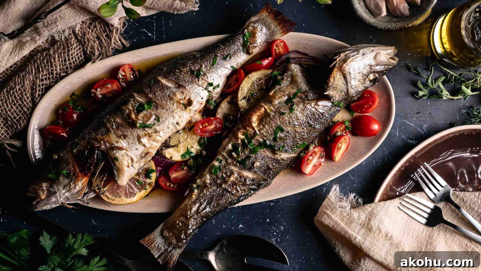 Whole roasted branzino drizzled in lemon caper sauce with crispy skin and bright herbs on top.