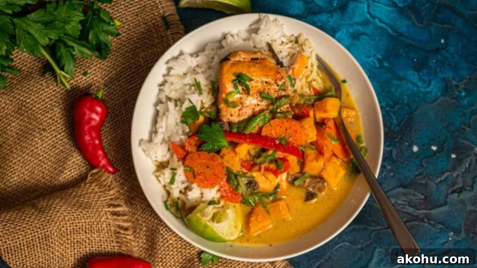 Salmon curry simmering with coconut milk and spices served vibrant and aromatic.