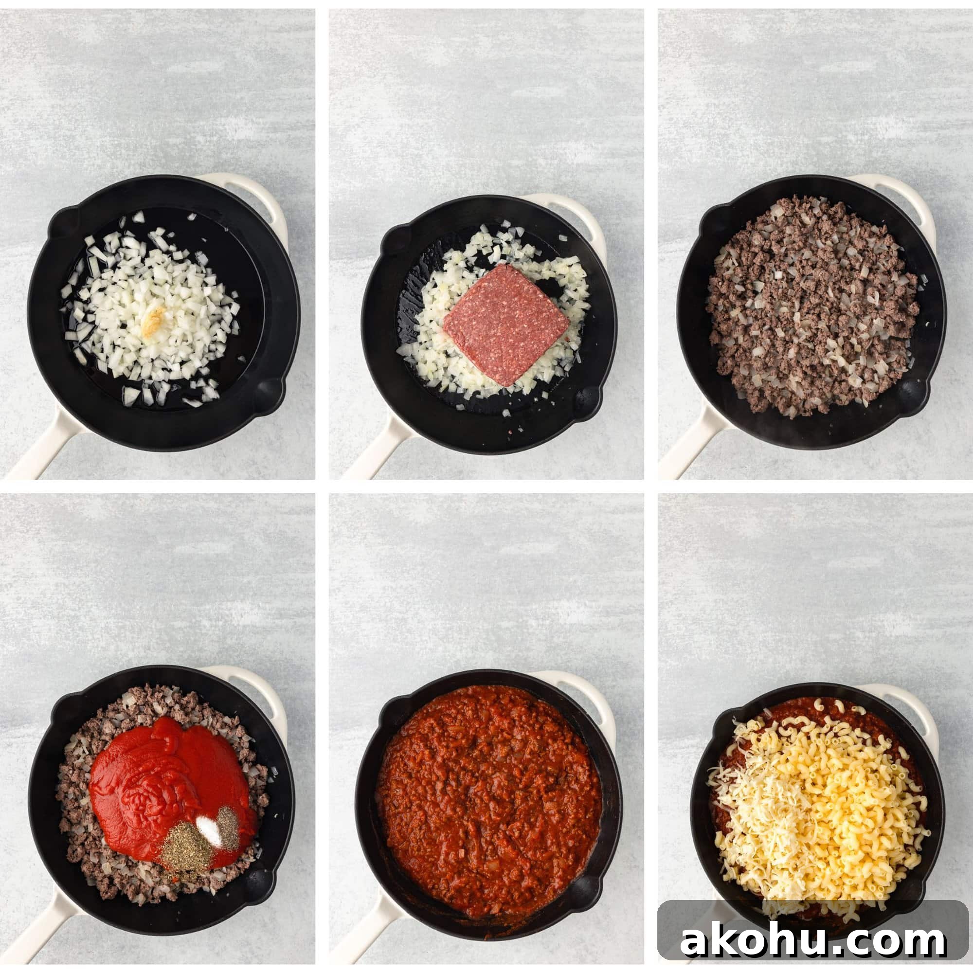 Classic Beefaroni Recipe: Hearty One‑Pot Pasta Dinner 5 A six-image collage shows the steps of making a meat sauce. Top row: chopped onions with garlic, ground beef added, browned beef mixed with onions. Bottom row: tomato sauce and spices added, sauce mixed with meat, grated cheese on top.