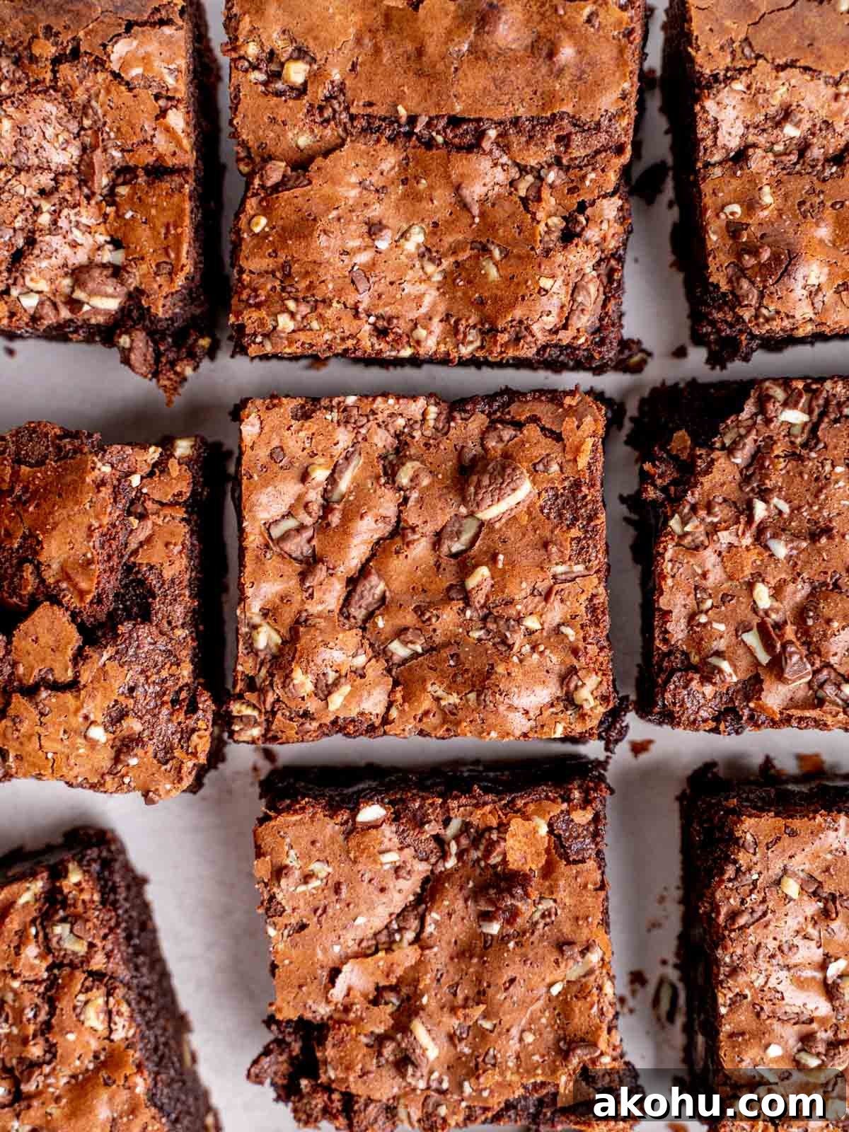Decadent Andes Mint Brownies Recipe for Mint-Chocolate Lovers 9 Top view of crackly top brownies with Andes mints cut into squares.