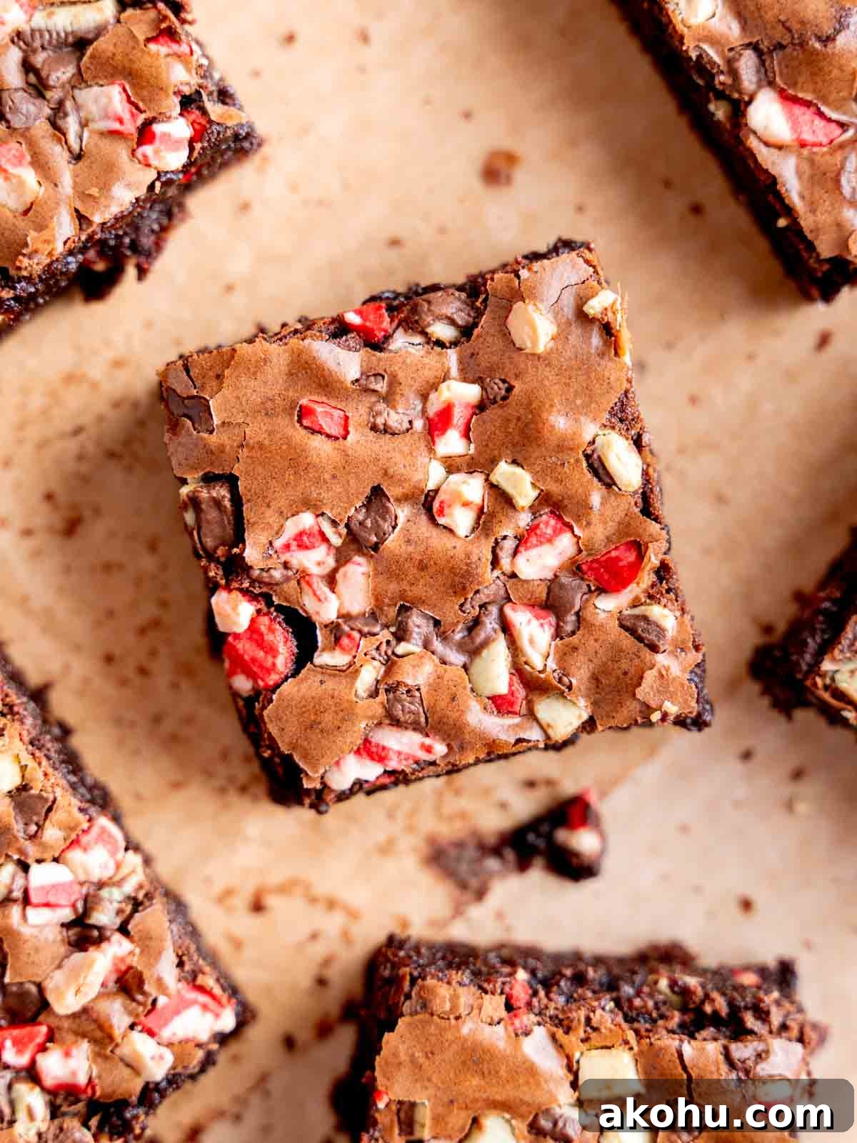 Decadent Andes Mint Brownies Recipe for Mint-Chocolate Lovers 10 Top view of a brownie with regular and peppermint Andes mint bits on top.