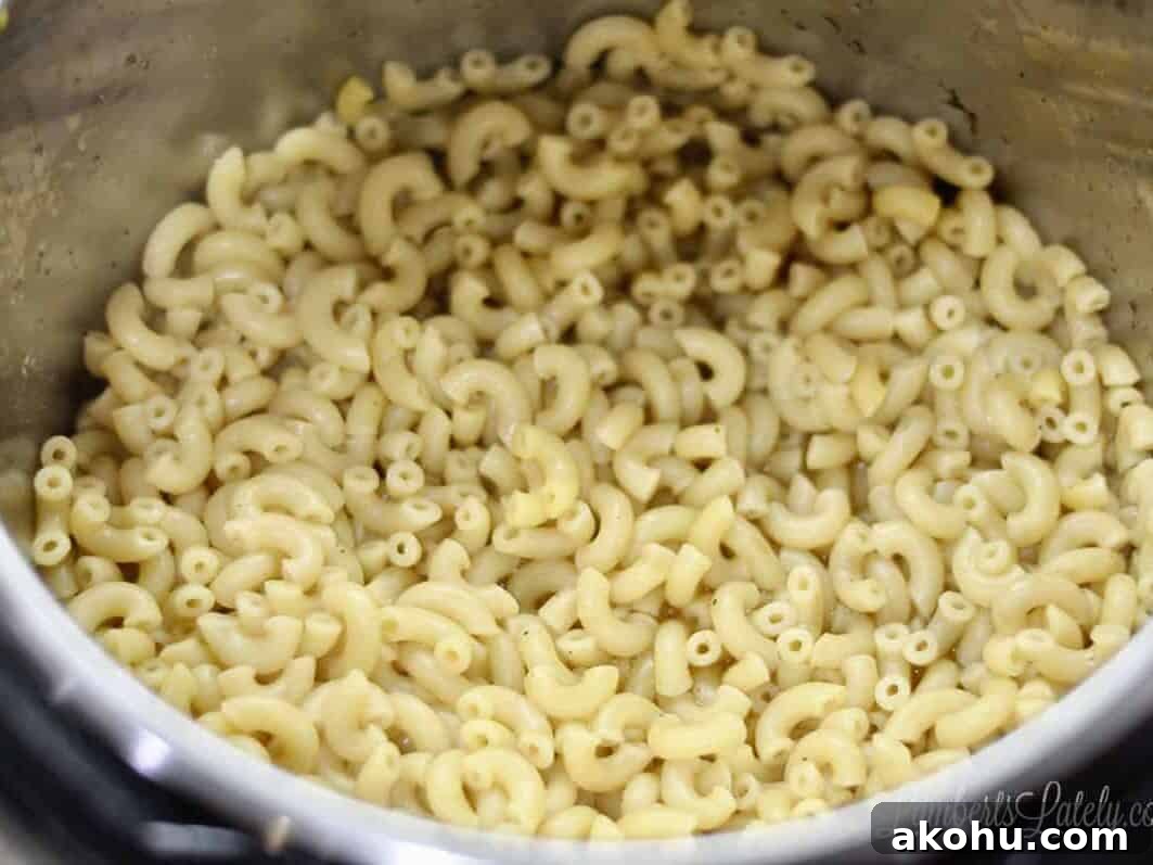 Creamy Instant Pot Macaroni and Cheese Recipe 5 cooked macaroni noodles in an instant pot.