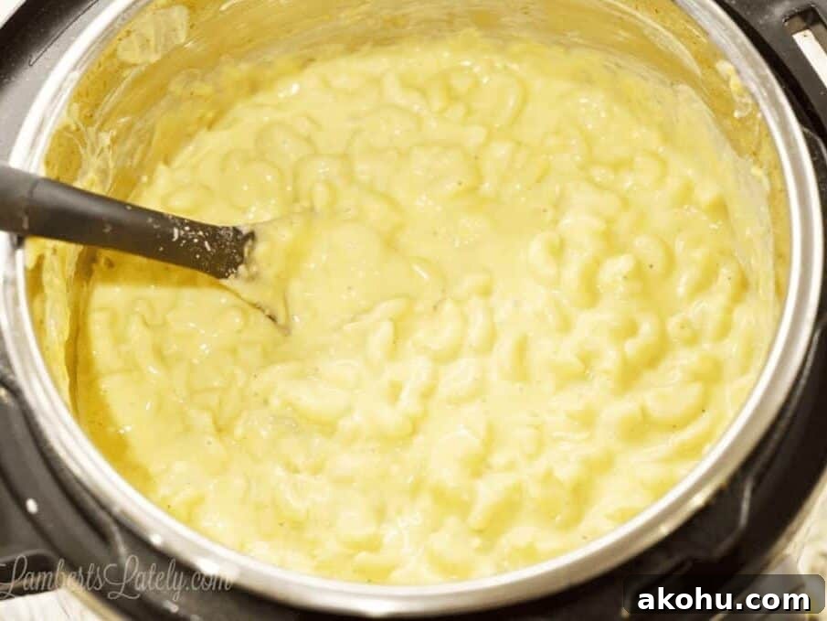 Creamy Instant Pot Macaroni and Cheese Recipe 7 mac and cheese being stirred in an Instant Pot.