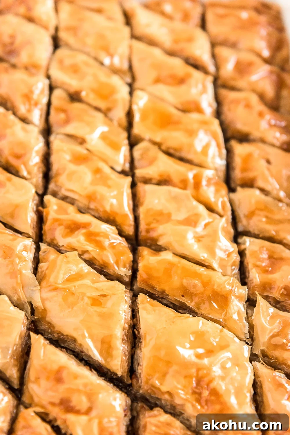 Authentic Homemade Baklava Recipe for Crispy Layers 4 Close up photo of sliced baklava still in baking dish.