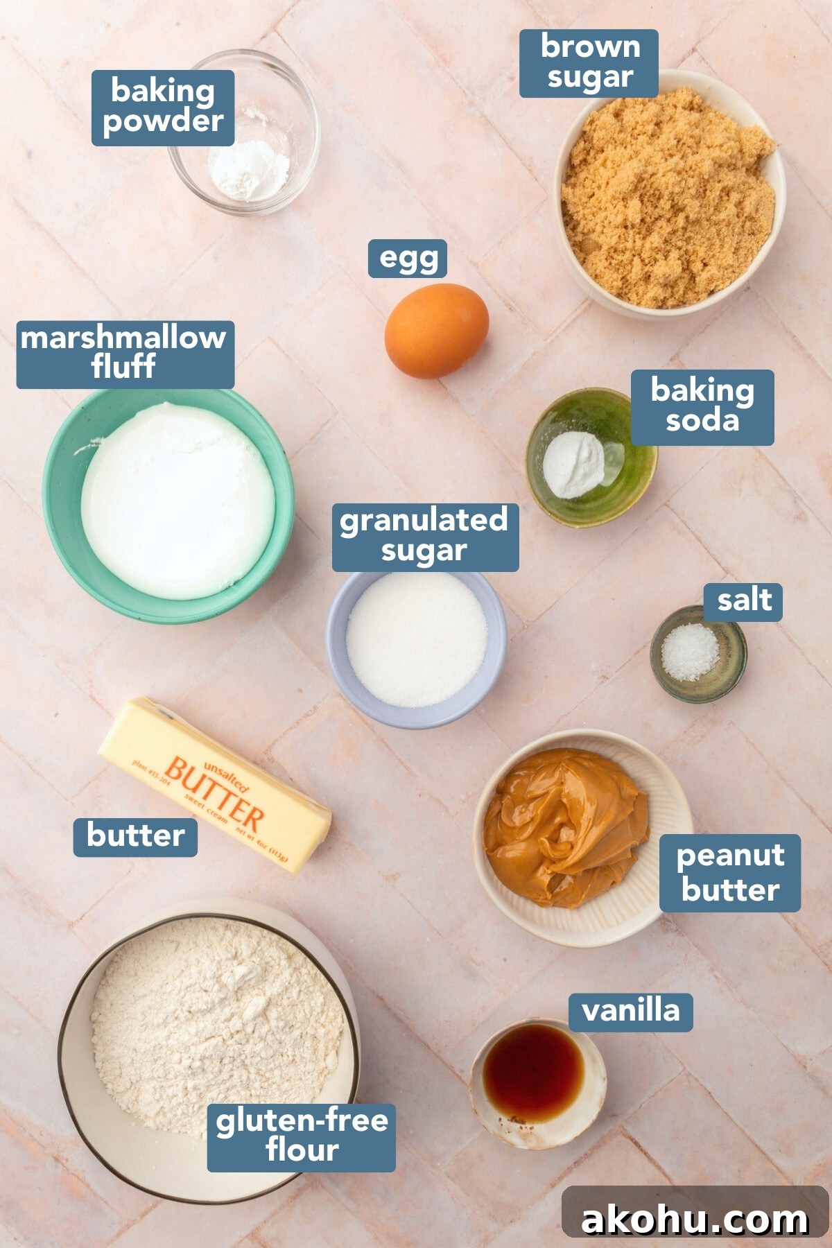 Image of ingredients needed for gluten-free fluffernutter cookies including, marshmallow fluff, egg, baking soda, granulated sugar, salt, peanut butter, butter, vanilla, light brown sugar and gluten-free flour.
