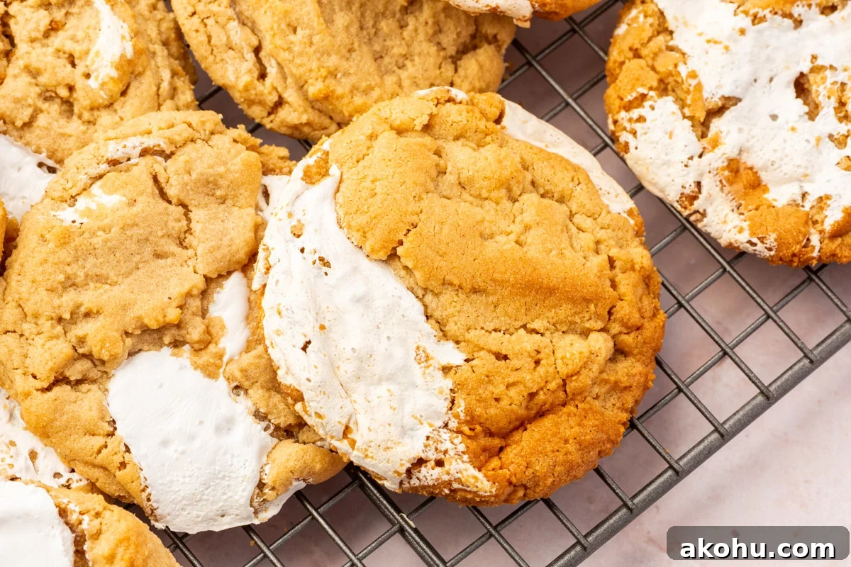 Close up image of gluten-free fluffernutter cookies on a cooling rack.