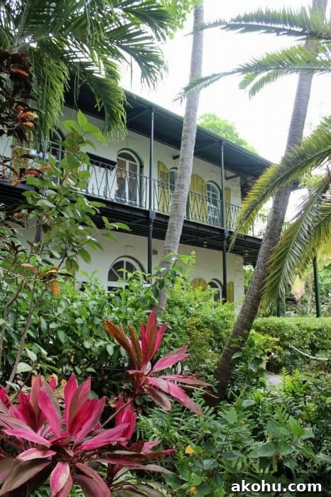 Exterior of the Hemingway house with palm trees and tropical plants