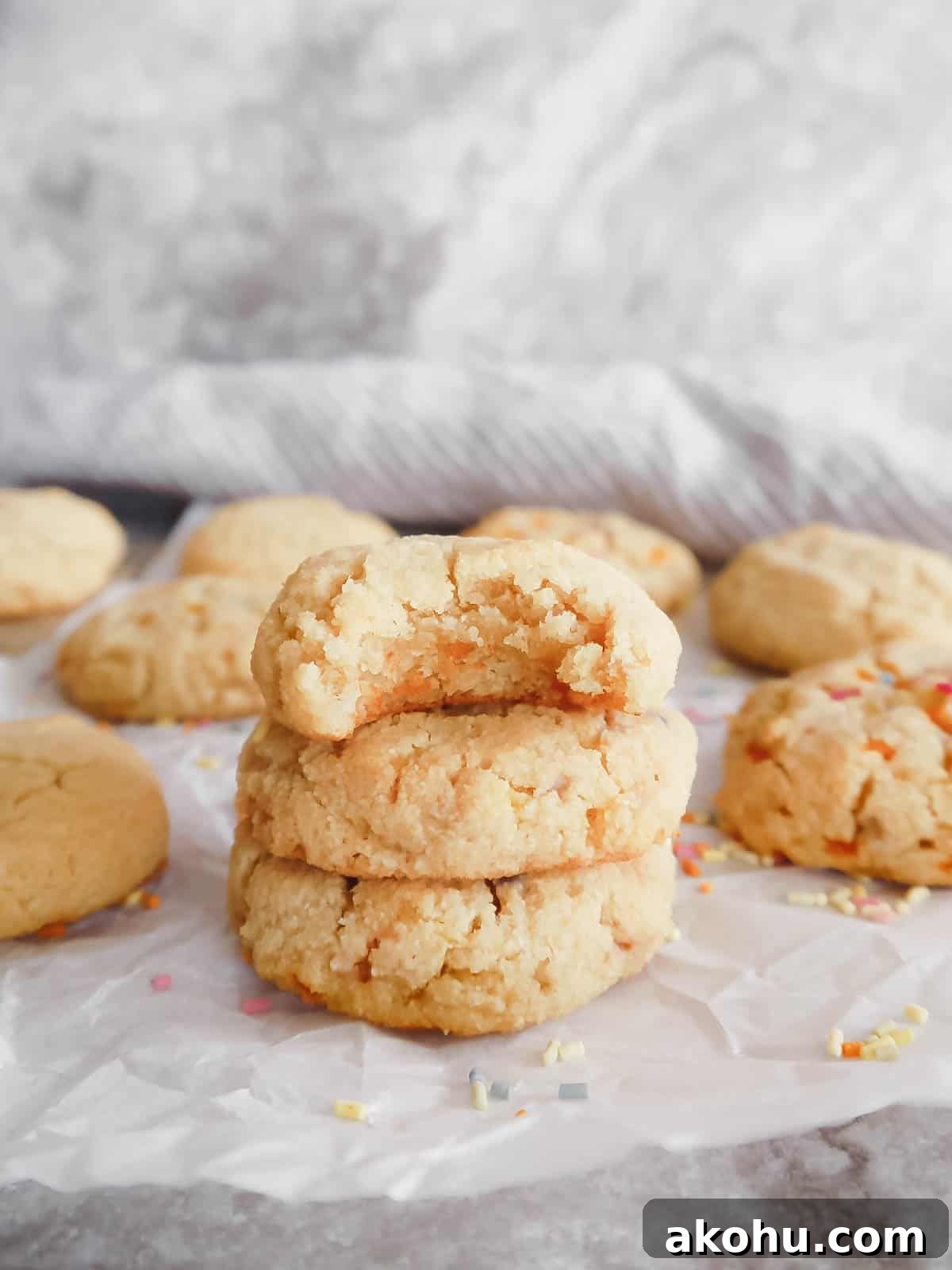 Three paleo sugar cookies stacked on top of each other.