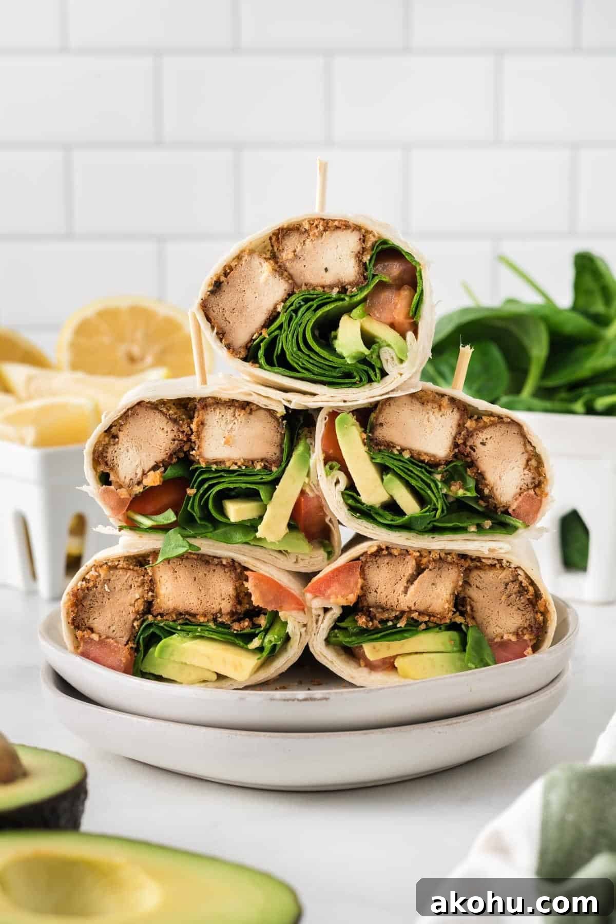 tofu wraps stacked on a plate