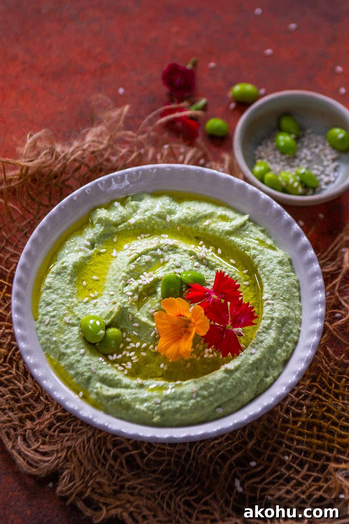 Edamame Hummus served in a bowl.
