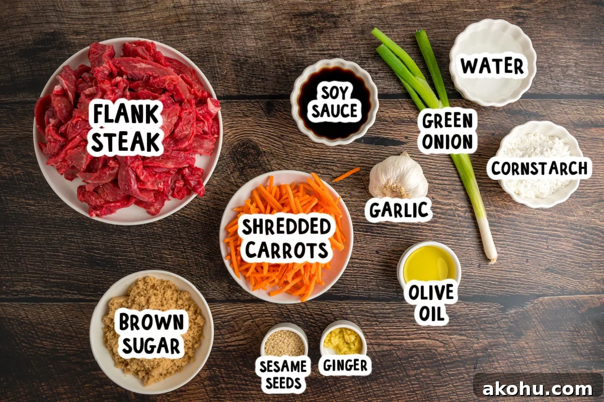 Slow Cooker Mongolian Beef Recipe — Tender Garlic Soy Beef 3 ingredients for slow cooker mongolian beef on a table.