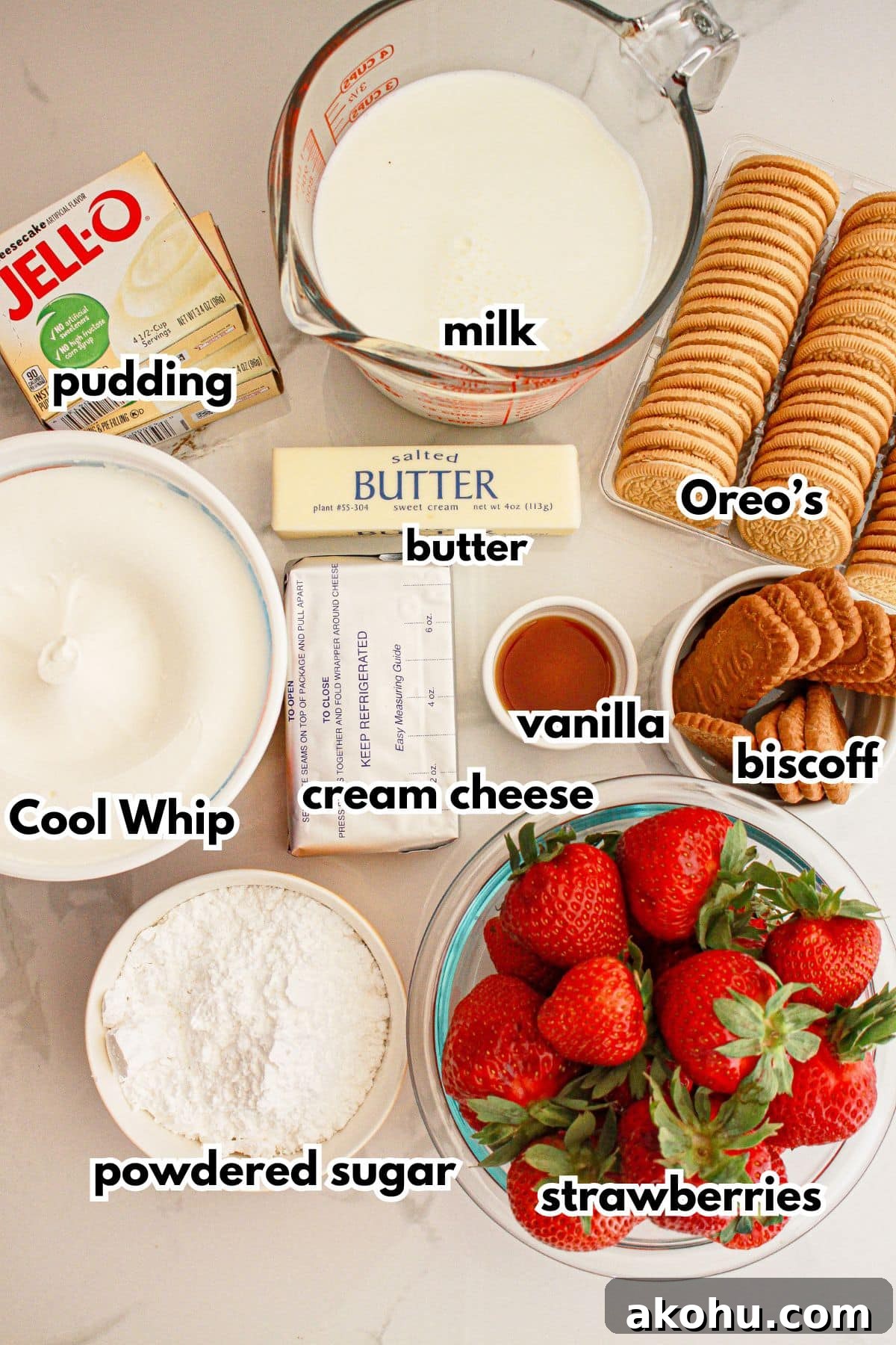 Strawberry Cheesecake Lush Dessert Recipe — No-Bake Layered Treat 4 ingredietns on a counter ready to cook.