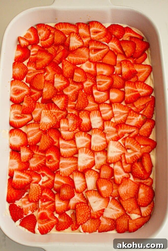 Strawberry Cheesecake Lush Dessert Recipe — No-Bake Layered Treat 8 Strawberry slices on top of a dessert.