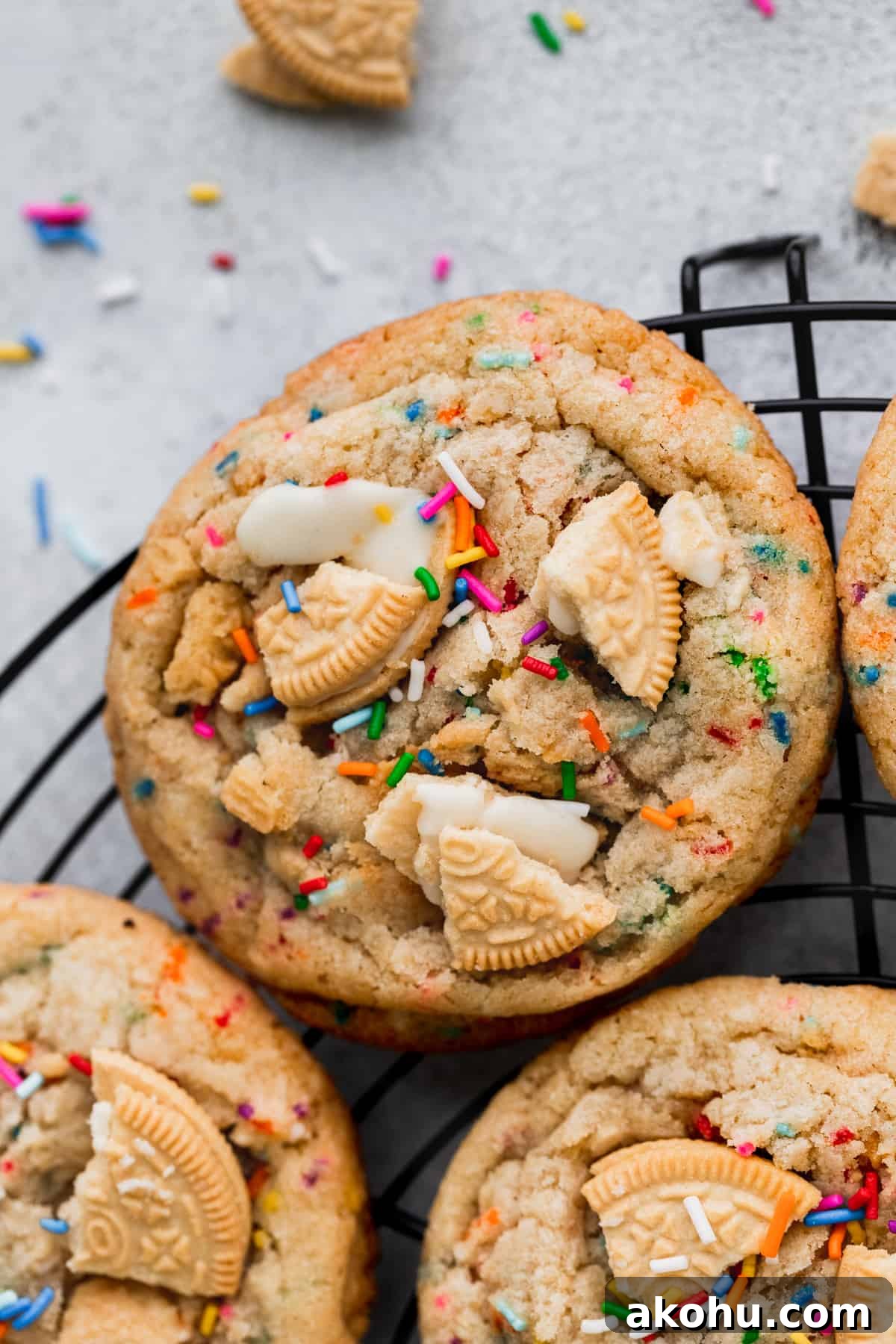 Birthday cake cookies on a circle wire rack.